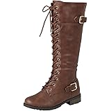 Forever Link Women's Strappy Lace-Up Knee High Combat Stacked Heel Boot