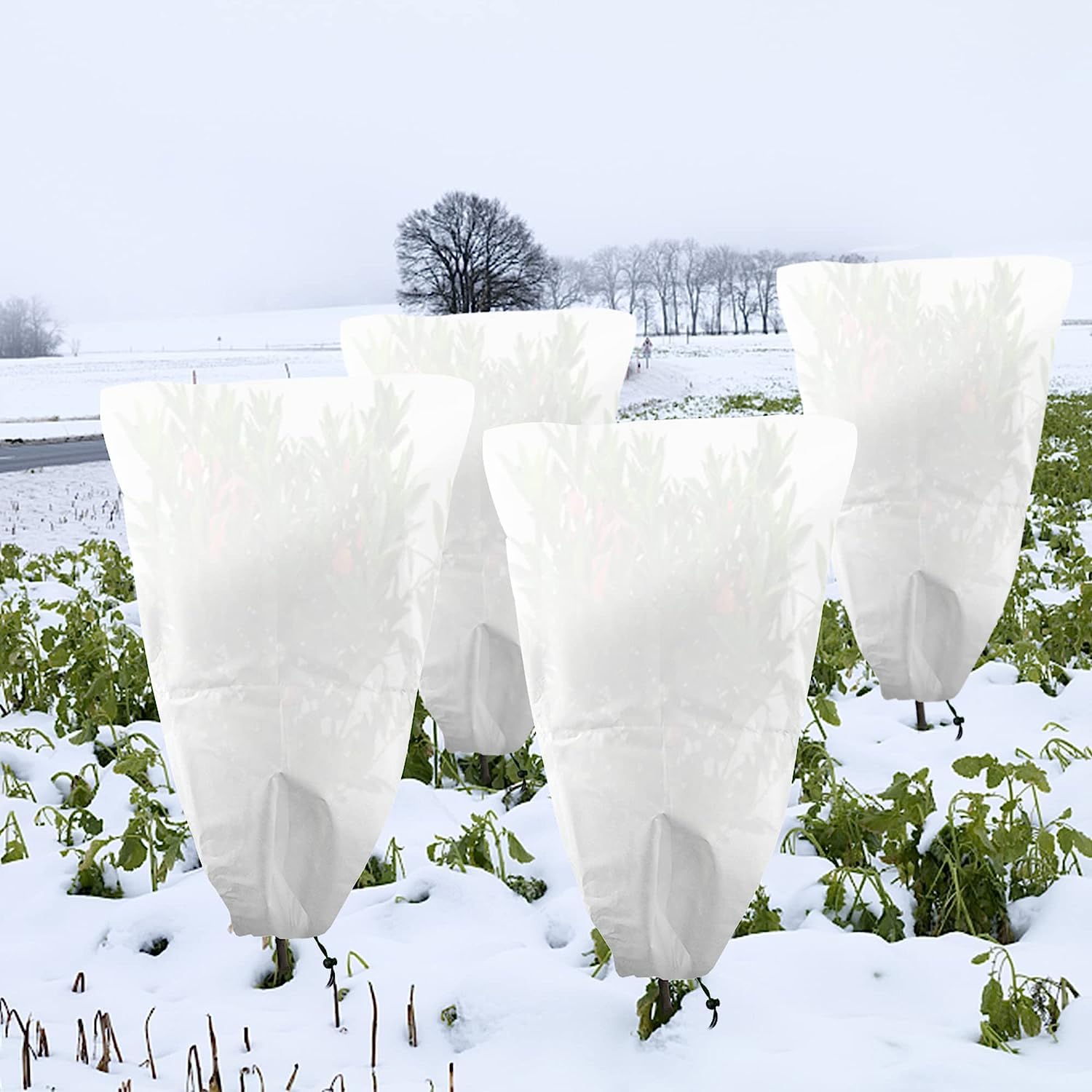 GIONAR 4 PCS Winter Plant Frost Protection Covers,80x60CM Garden Fleece Frost Protection for Plants with Drawstring, Rip Resistant Garden Plant Warming Fleece Jacket