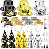 HEYPRIIL Upgraded Happy New Years Eve Party Supplies Hats 2026 for 26 Guests, New Year Decorations Hats Headband Cone Hat Noise Makers Party Favor Tiaras NYE Accessories