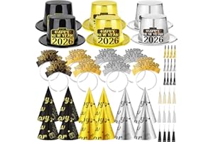 HEYPRIIL Upgraded Happy New Years Eve Party Supplies Hats 2026 for 26 Guests, New Year Decorations Hats Headband Cone Hat Noise Makers Party Favor Tiaras NYE Accessories