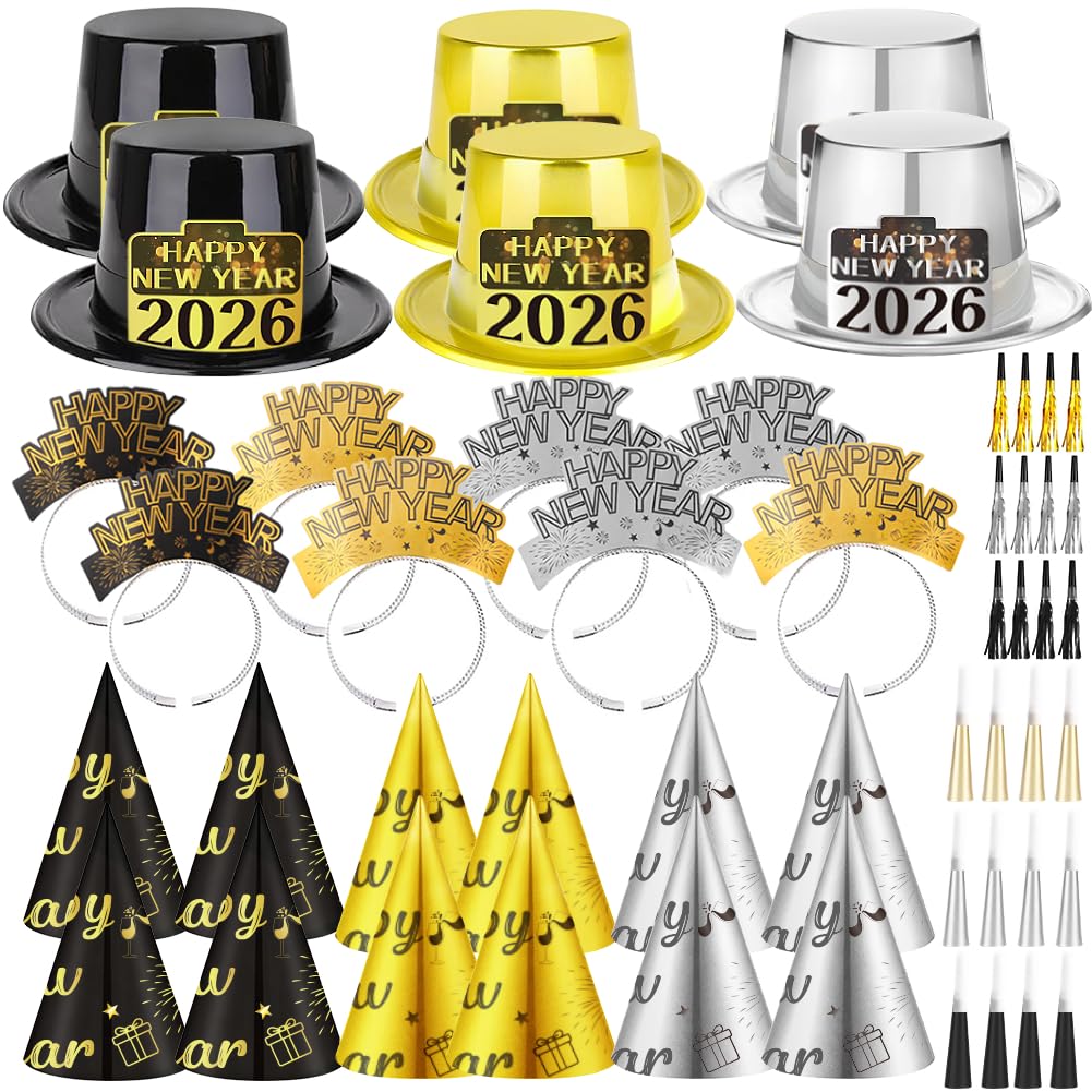 Photo 1 of ****Factory seal****

HEYPRIIL Upgraded Happy New Years Eve Party Supplies Hats 2026 for 26 Guests, New Year Decorations Hats Headband Cone Hat Noise Makers Party Favor Tiaras NYE Accessories
