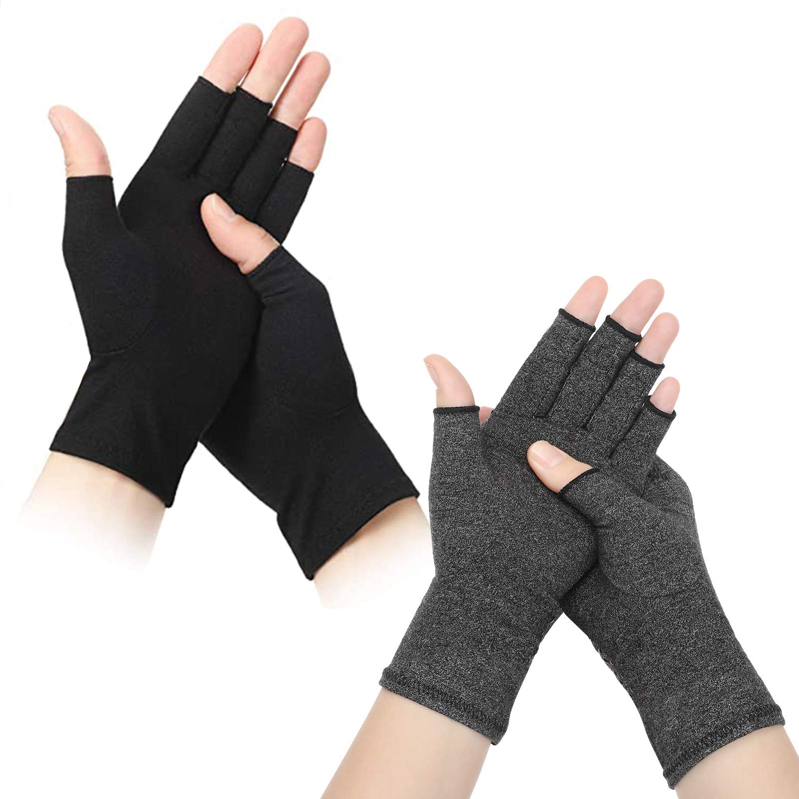 2 Pairs Anti-Arthritis Compression Gloves - Fingerless, Warm, Pain Relief for Arthritis, Women & Men (Black, Grey)