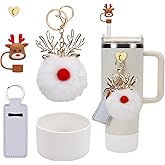 Stanley Christmas Accessories Set - Silicone Straw Cover, Cup Boot, Lipstick Holder, Charms for 40oz & 30oz Tumbler (White Elk)