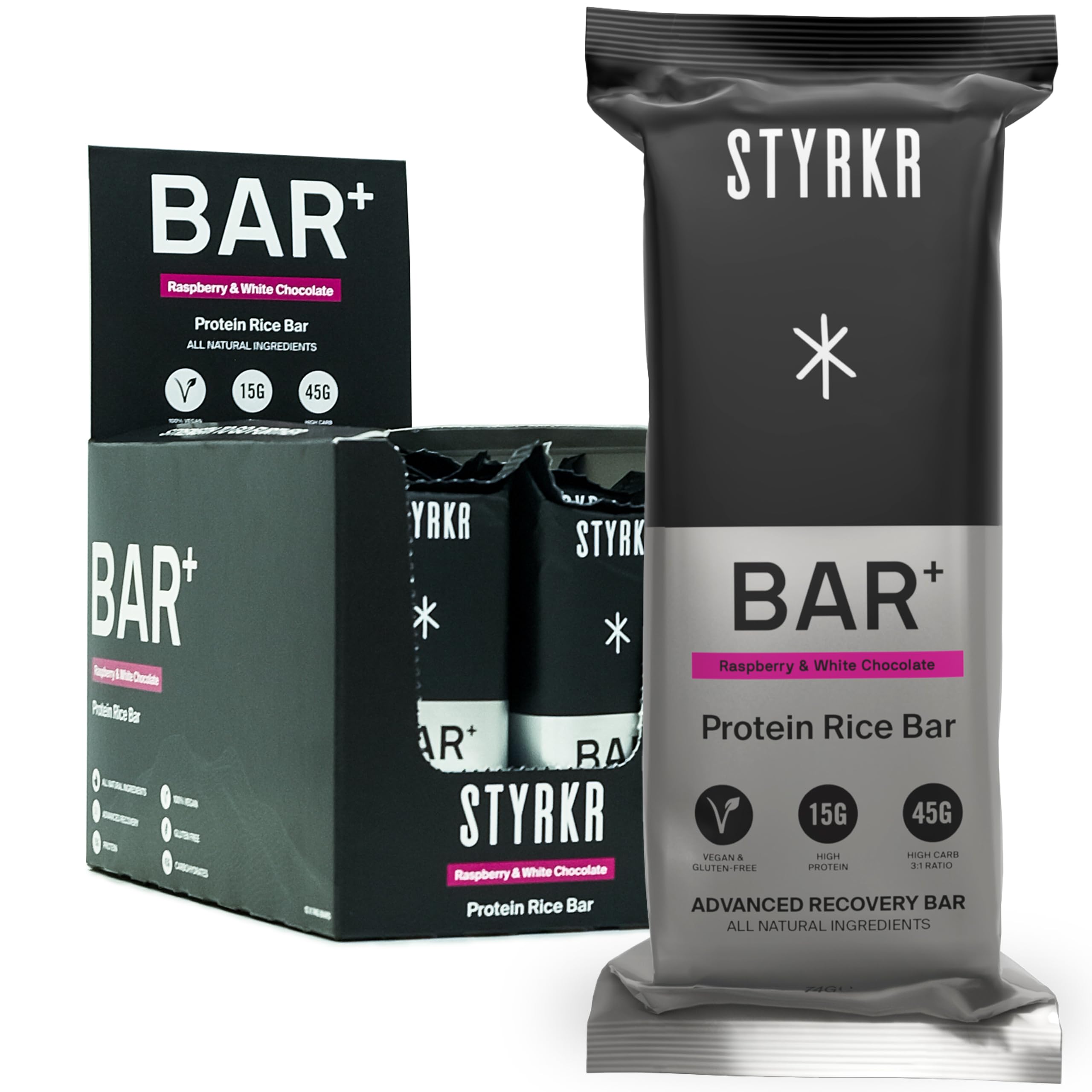 Styrkr BAR+ High Protein Energy Bars - 15g of Protein & 45g of Carbs - Pack of 12 Rice Bars - Raspberry & White Chocolate Flavour - Approved by Endurance Athletes for Cycling & Running - 12x Pack