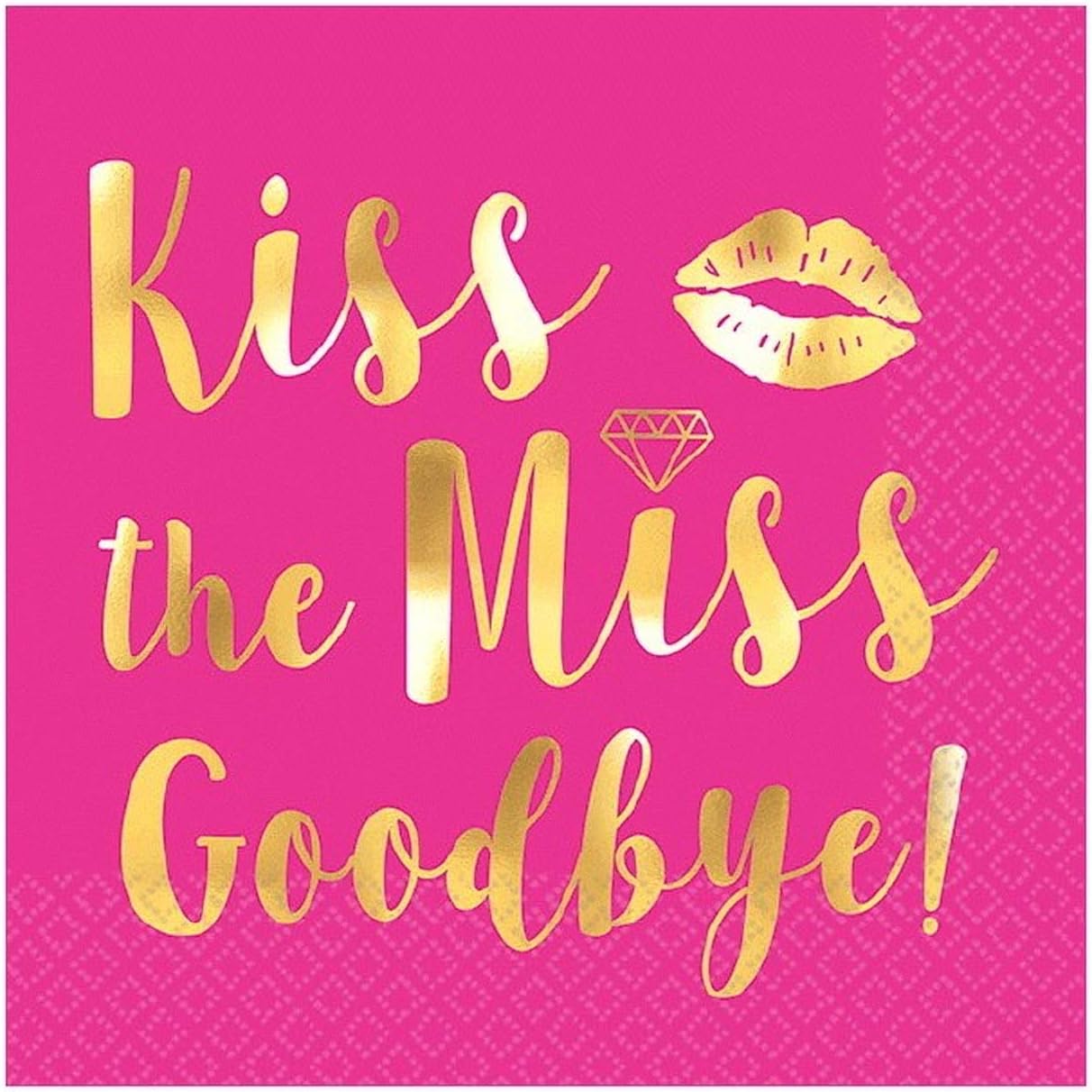 Amscan Bridal Shower Party Decorations Kiss The Miss Goodbye Beverage Napkins, Hot-Stamped, 16 per Pack, Pink with gold font