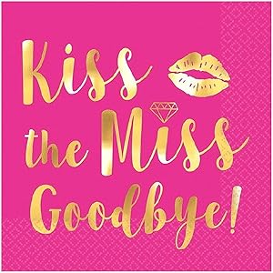 Amscan Bridal Shower Party Decorations Kiss The Miss Goodbye Beverage Napkins, Hot-Stamped, 16 per Pack, Pink with gold font