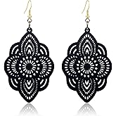 KaFu Bohemian Wood Earrings for Women Handmade Vintage Geometric Hollow Wooden Dangle Earrings Lightweight African Ethnic Statement Earrings Jewelry