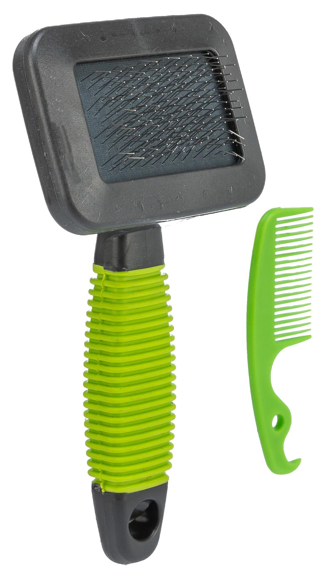 TRIXIE soft brush for grooming top coat & undercoat - soft metal bristles - with brush cleaner - rubberised handle - black/green - 7 x 13 cm - 6288