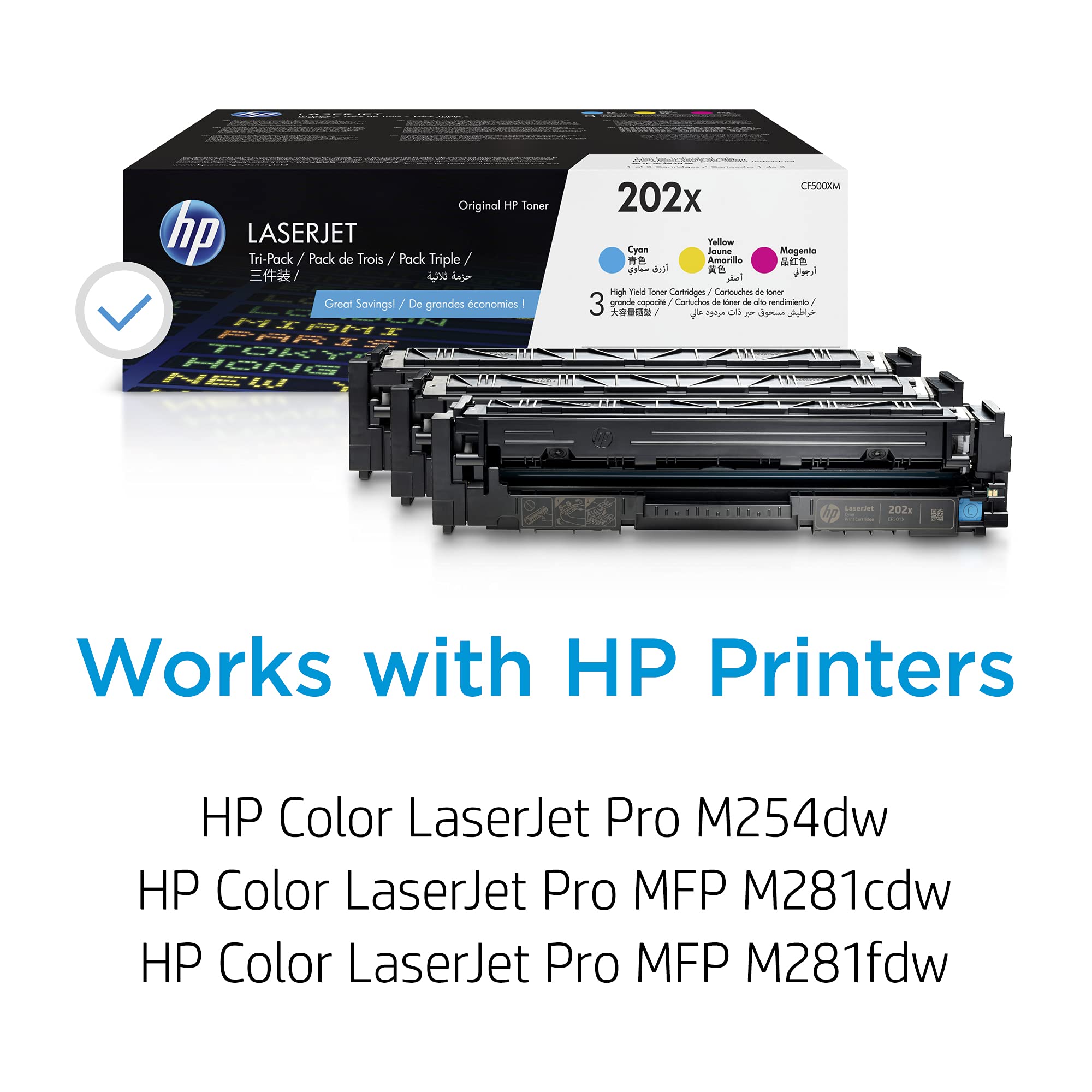 HP 202X Cyan, Magenta, Yellow High-yield Toner Cartridges (3-pack) | Works with HP Color LaserJet Pro M254, HP Color LaserJet Pro MFP M281 Series | CF500XM