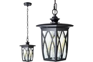 JYZ 12'' Outdoor Pendant Light Fixture, Exterior Hanging Lantern, Modern Black Metal Outside Chandelier Light Fixture Ceiling Mount with Water Ripple Glass & Adjustable Chain for Porch, Gazebo, Front Door