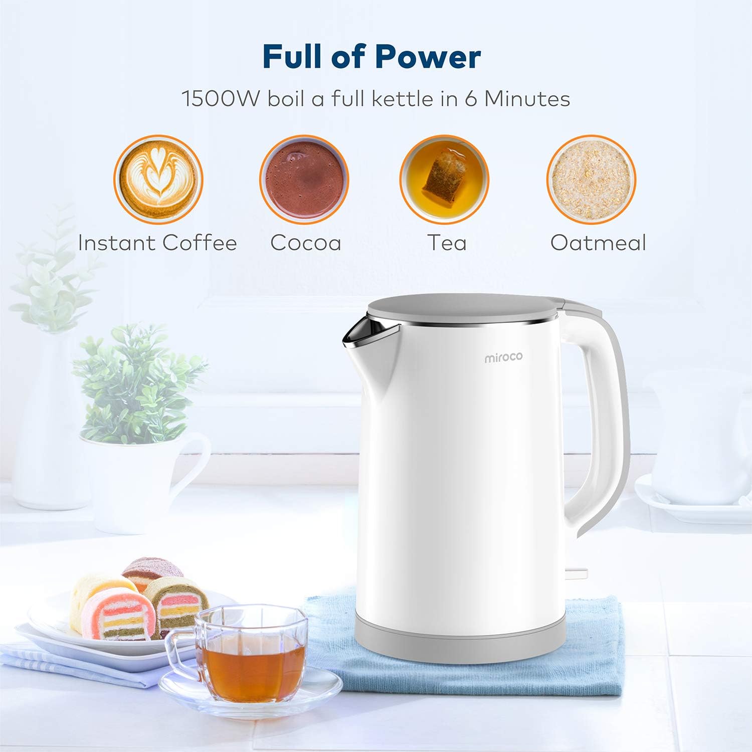 Electric Kettle, Miroco Double Wall 100% Stainless Steel Cool Touch Tea Kettle with 1500W Fast Boiling Heater, Cordless with Auto Shut-Off & Boil Dry Protection, BPA-Free, White: Kitchen & Dining