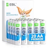 EBL AA Batteries 20 Pack Non-Rechargeable 1.5V Alkaline Double A Batteries | Upgraded 2X Power for Flashlight, Remote control, Toys, Clocks, 12-Year Shelf Life, Mercury-Free, Leak-Resistant