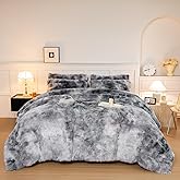 chovy Faux Fur Tie-Dyed Black White Gray Colorful Comforter Sets Queen - 3PC Bed Set Ultra Soft Plush Flannel Velvet Fluffy Fuzzy Bedding(Comforter x 1 Pillowcases x 2)