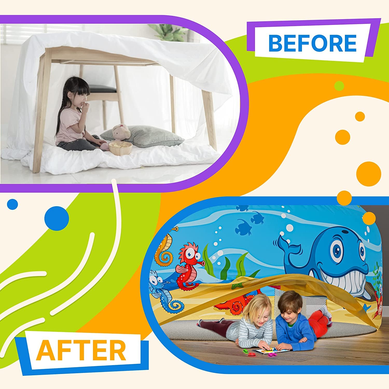Skywin Inflatable Air Tent for Kids (77” x 50”), Perfect for Social or Solo Imaginative Play, Blow Up Tent, Sets Up and Stores Away in Seconds, Toddler Playhouse (Fan NOT Included) (Sea Explorer)