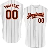 Personalized White Brown Pinstripe Orange Sleeveless Baseball Jersey, Custom Mens Button Up Athletic Vest