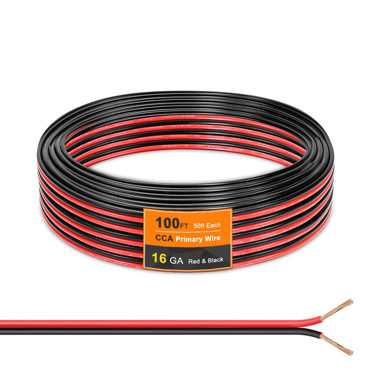 16 AWG Wire Cable, 100FT [Black 50FT+ Red 50FT] CCA Automotive Electrical Wire, 2 Conductor Black Red Cord with PVC Jacket for Light RV Car Speaker Cable, 12V/24V DC Wire