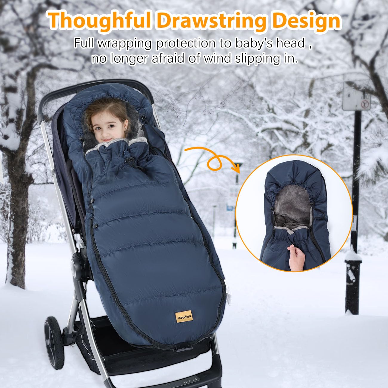 Zooawa Stroller Bunting Bag Universal, Waterproof Baby Stroller Footmuff, Stroller Sleeping Bag for Cold Weather, Extra Thick, Fits 6-36 Months Baby, Dark Blue