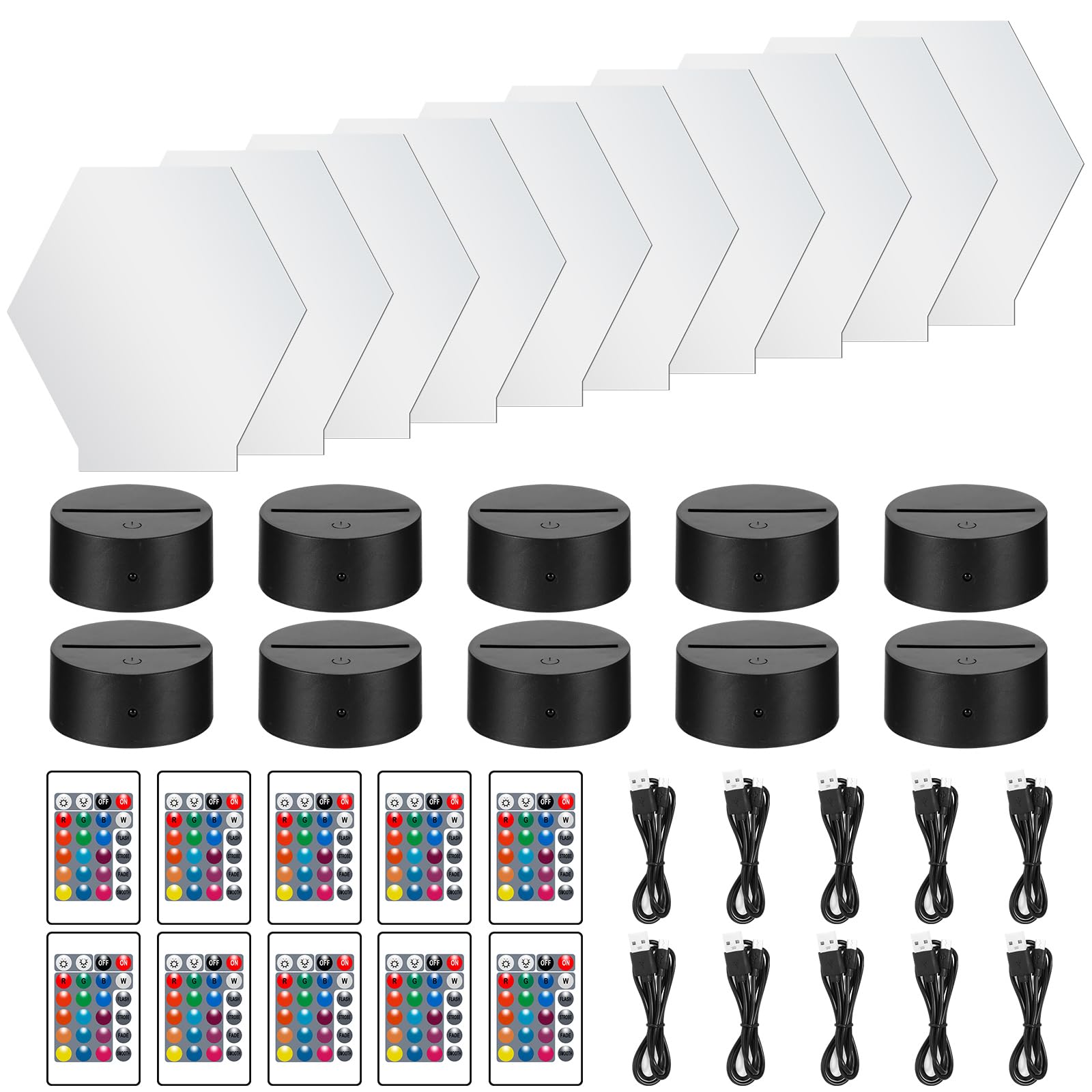 10 Pieces Clear Acrylic Sheets and 10 Pieces 3D Night LED Light Lamp Base with Remote Control and USB Cable, DIY Acrylic Led Night Lamp Sets for Bar Room Decoration, 7 Colors & 2 Modes (Hexagon shape)
