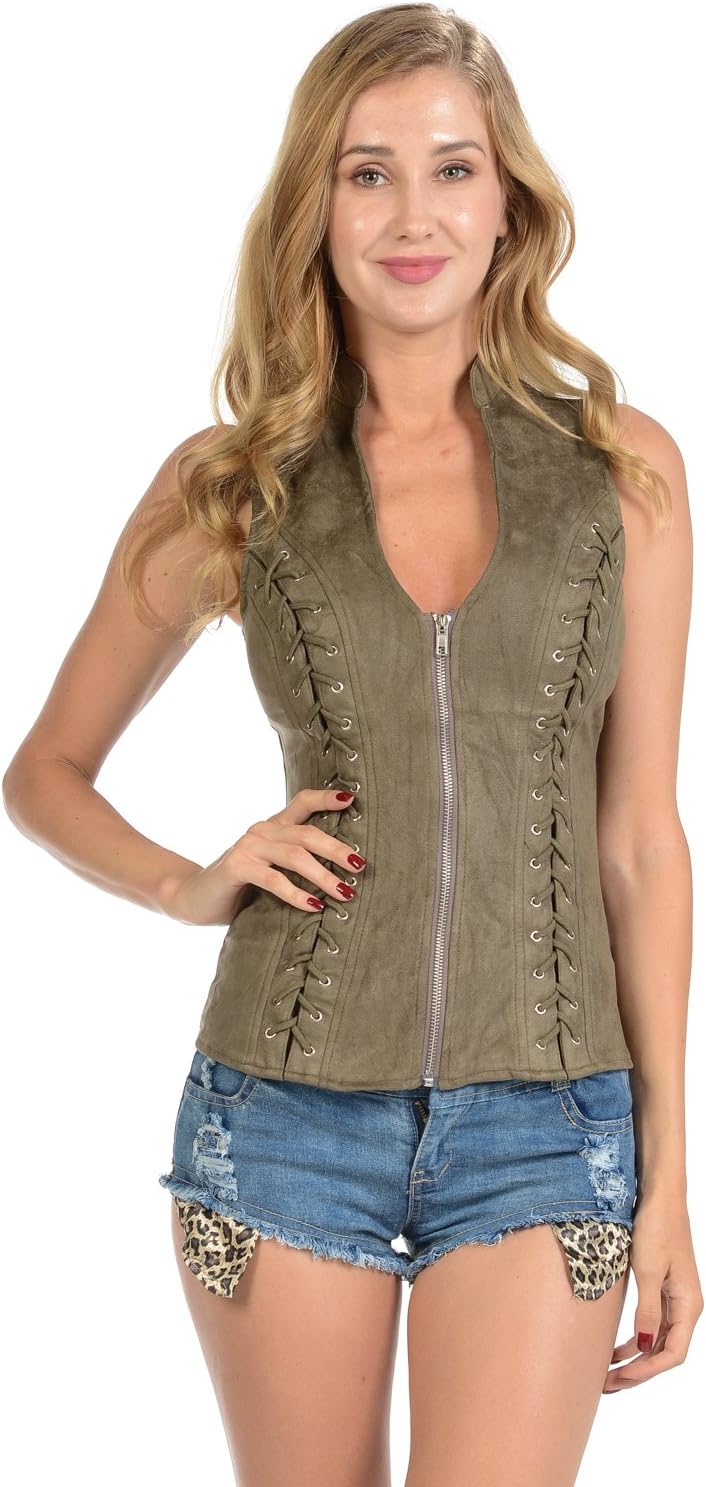 Sexy Female Military Look Suede Side Vest Cross-Cut Out Back Side (L3667)