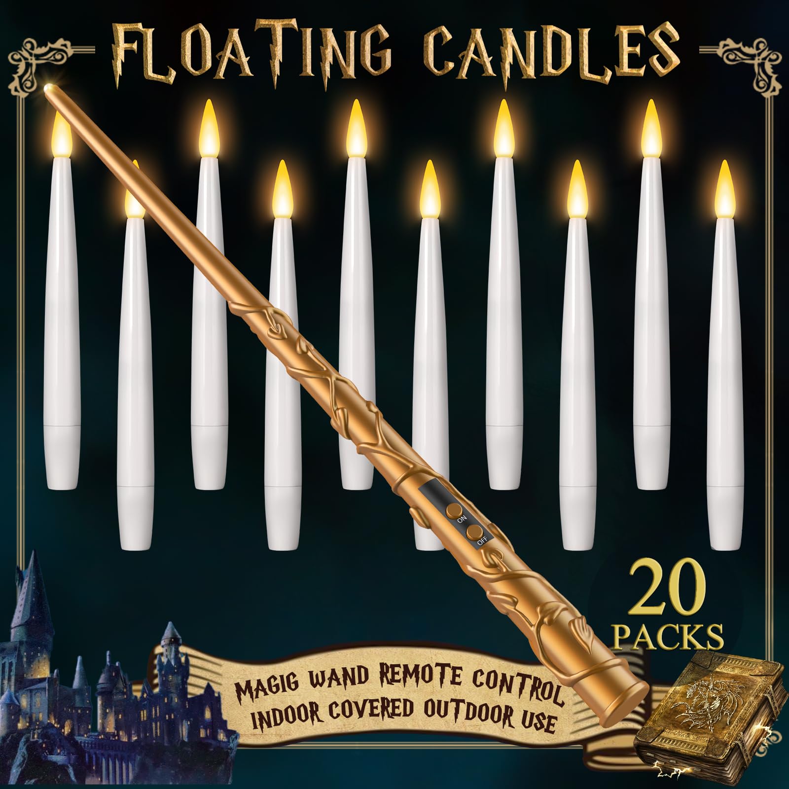 Photo 1 of Floating Candles with Wand 20PCs - Christmas Decorations, Magic Hanging Candles with String Flickering Warm Light Flameless Candles with Remote for Window Home Bedroom Birthday Party Halloween Decor