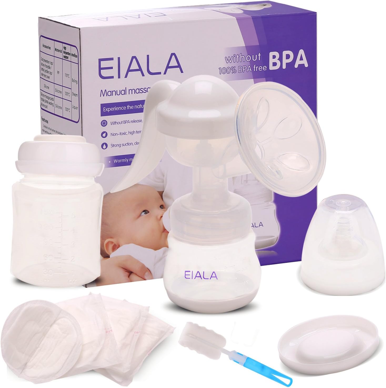 Manual Breast Pump EIALA Manual Breastpump with Free Storage Bottle, Teat, Brush, Portable Bag & Breast Pads [Enhanced Design] NO BPA 100% Safe Compact Efficient Easy to Clean