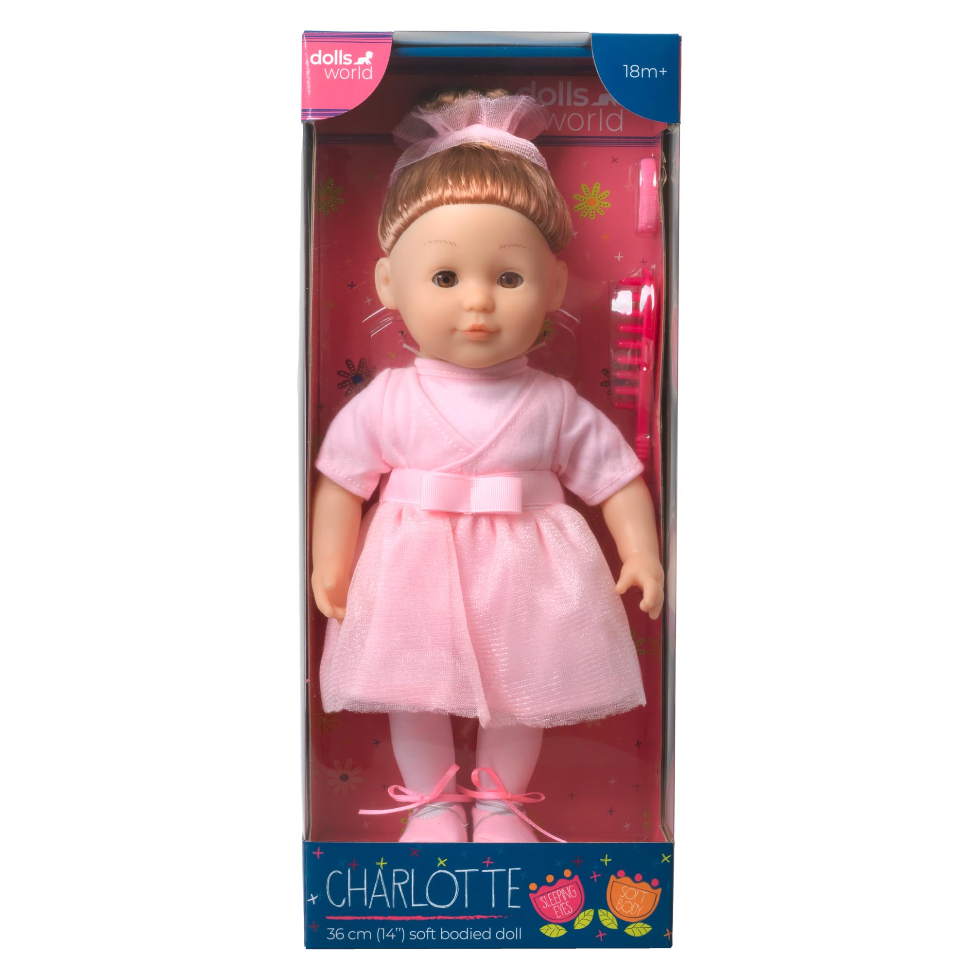 Dolls World from John Adams | Charlotte 36cm Soft Bodied Doll with Brown Hair & Sleeping Eyes | Includes Ballerina Outfit, Shoes, Brush & Scrunchies | Dolls with Accessories for Girls 18 Months+
