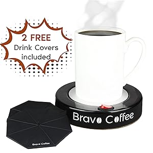 Bravo Line Coffee Mug Warmer with Automatic Shutoff – Best Electric Beverage Warmer for Desk – Extra Large – 3.87” with 2 FREE Drink Covers – Perfect Drink Warmer for All Cups and Mugs