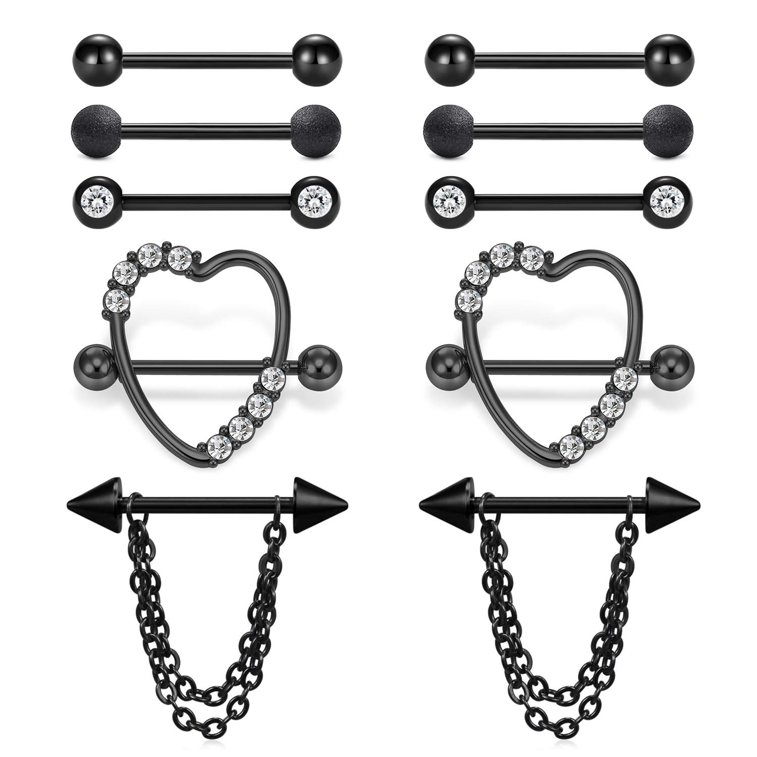 Incaton 14G Stainless Steel Nipple Rings Black Chain Dangle HeartShape