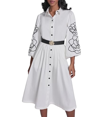 KARL LAGERFELD Paris Women's Puff Sleeve Dress with Floral Sleeve Embroidery and Rosette Belt, Soft White, 2 at Amazon Women's Clothing store