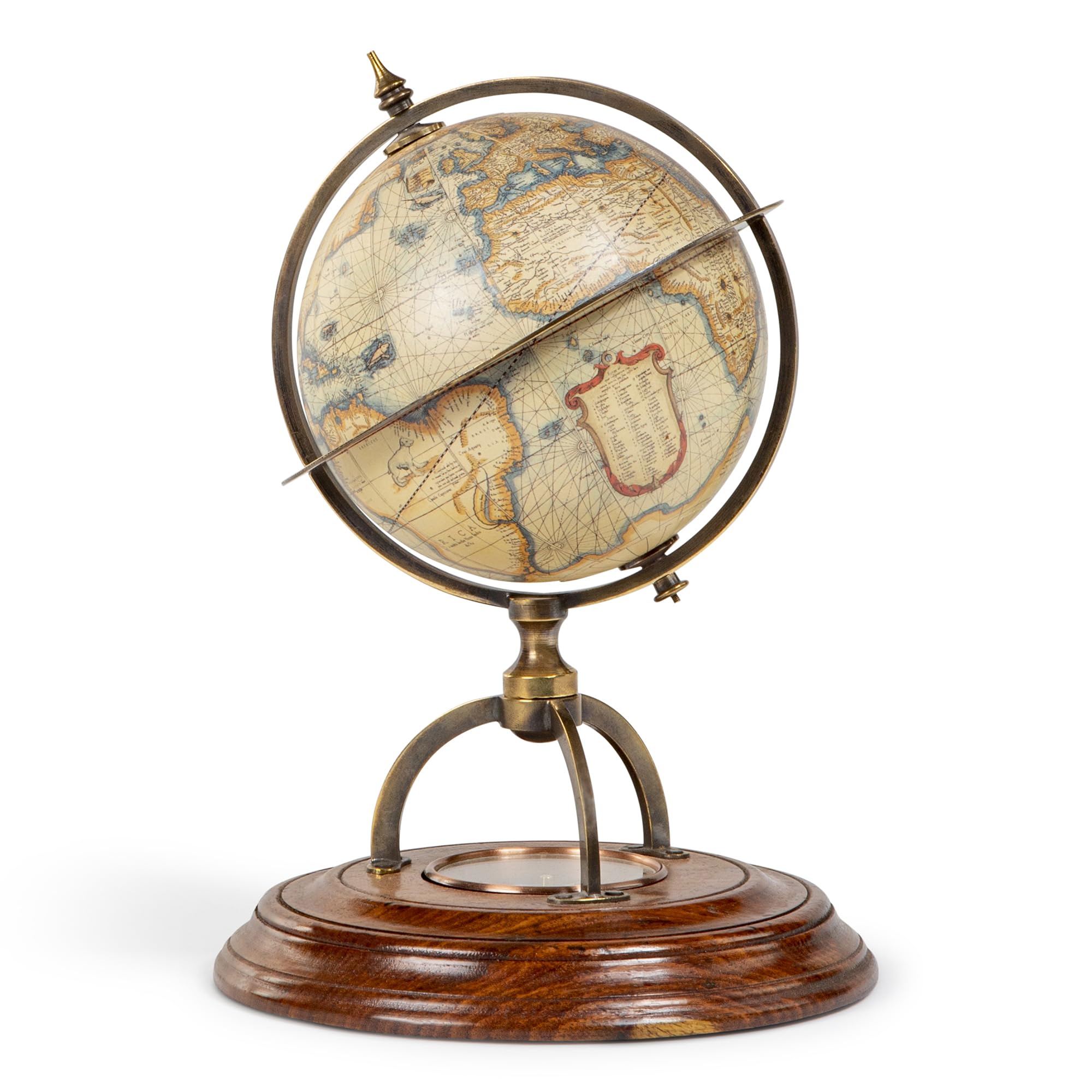 Authentic Models Wood World Map Globe with Bronze Compass