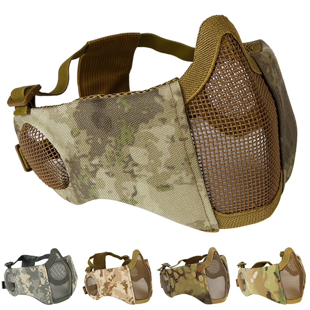 AOUTACC Foldable Airsoft Mask,Half Face Mesh Masks with Ear Protection for Cs War Game, BB Gun,Hunting,Paintball (AT)
