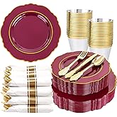 Liacere 175PCS Red Plastic Plates - Disposable Burgundy Red and Gold - 25guest Baroque Plastic Dinnerware include 50Plates, 25Pack Pre Rolled Napkins with Silverware 25Cups for Christmas
