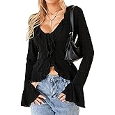 Women Y2K Long Sleeve Ruffle Crop Top Flare Long Sleeve V Neck Button Down Cardigan Cute Going Out Tops Streetwear