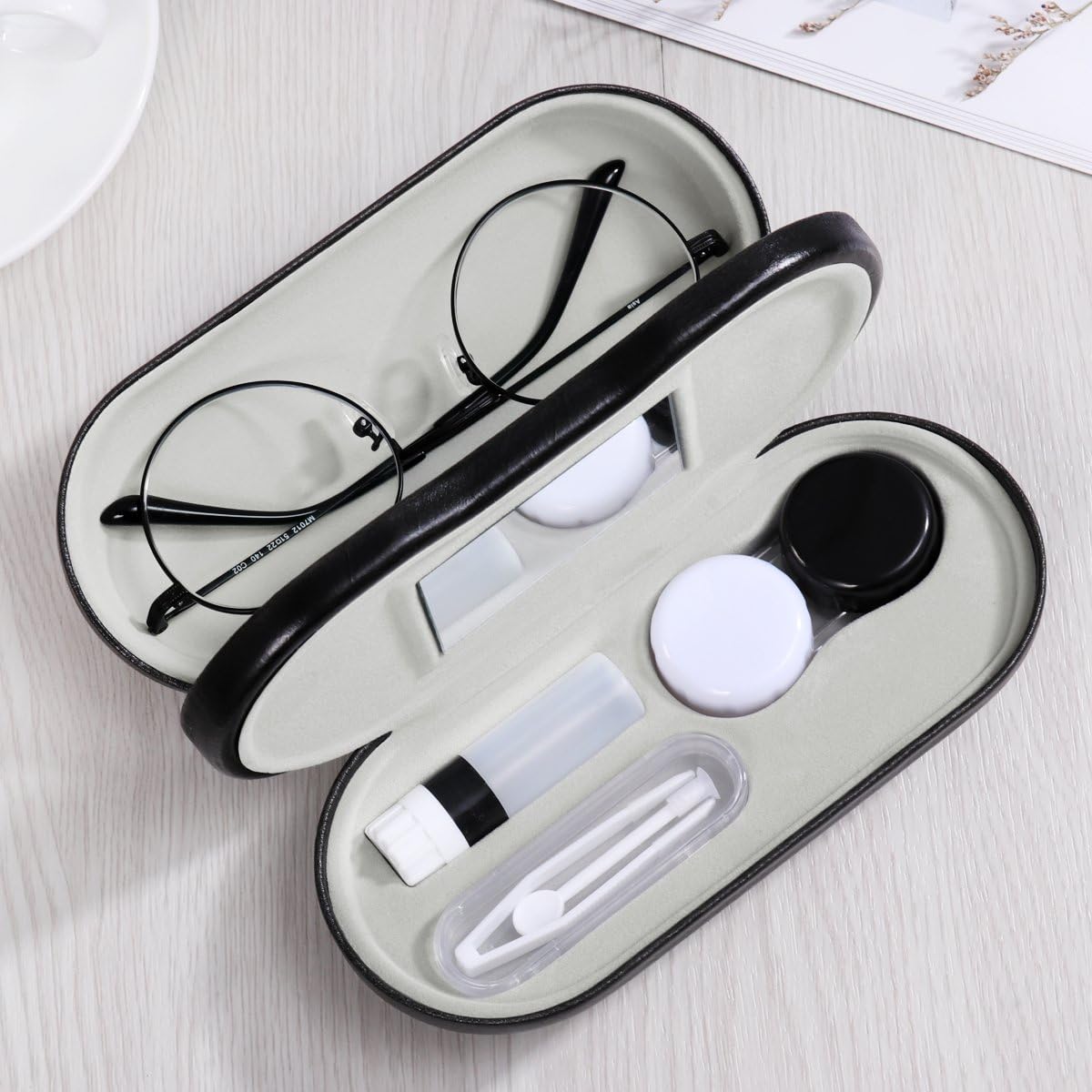 rosenice Portable Double Layer Glasses Box Hard Shell Pu Leather Travel Case with Mirror Tweezers Multipurpose Glasses Organizer for Men Women - Image 3
