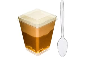 DLux 40 x 5.5 oz Mini Dessert Cups with Lids and Spoons, Square Large - Clear Plastic Parfait Appetizer Cup - Small Reusable 