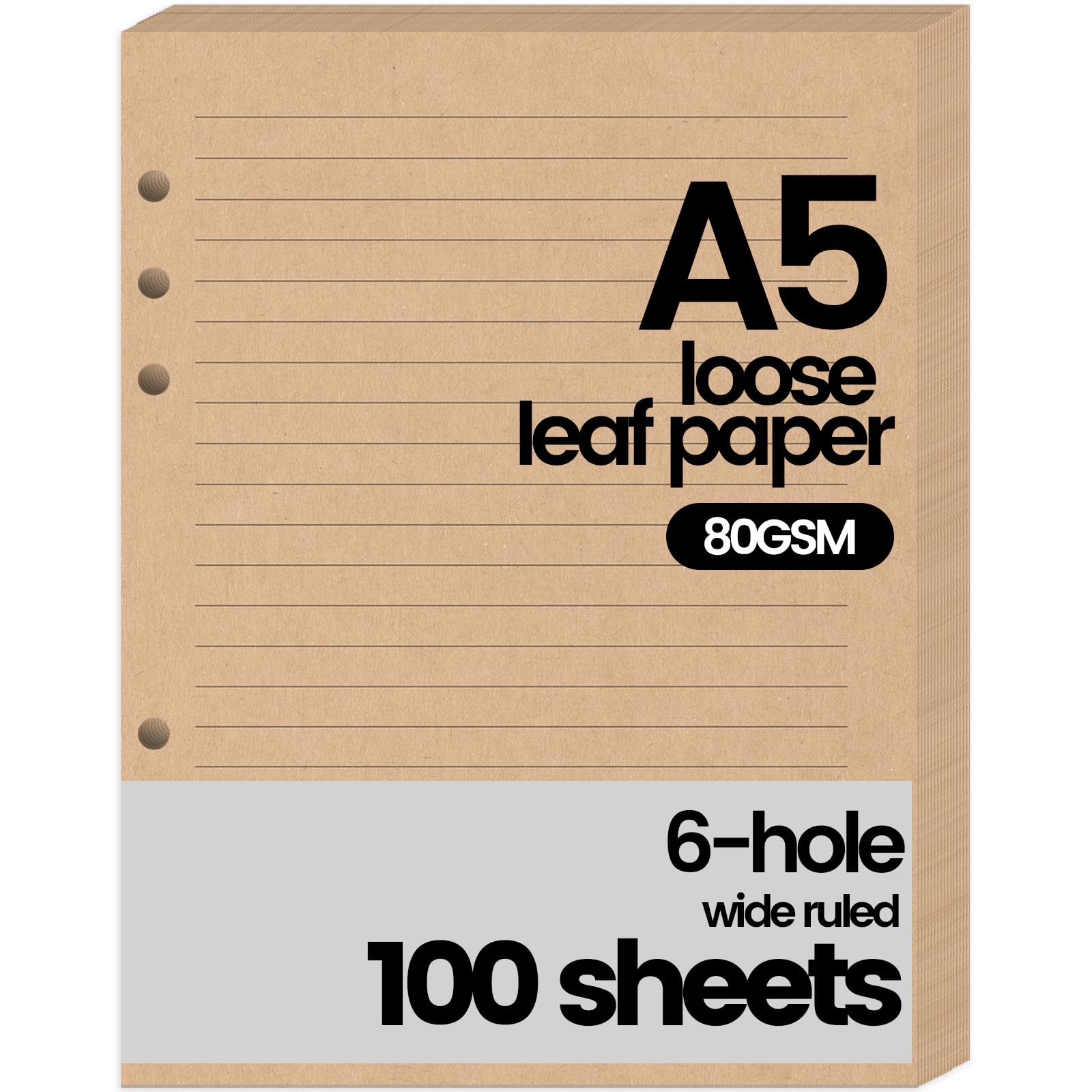 Photo 1 of Koogel Loose Leaf Lined Paper, 100 Sheets Notebook Paper, 6 Hole Punch, 5.6'' x 8.25'' College Ruled Filler for Binders School Office Writing Filler Supplies, Brown