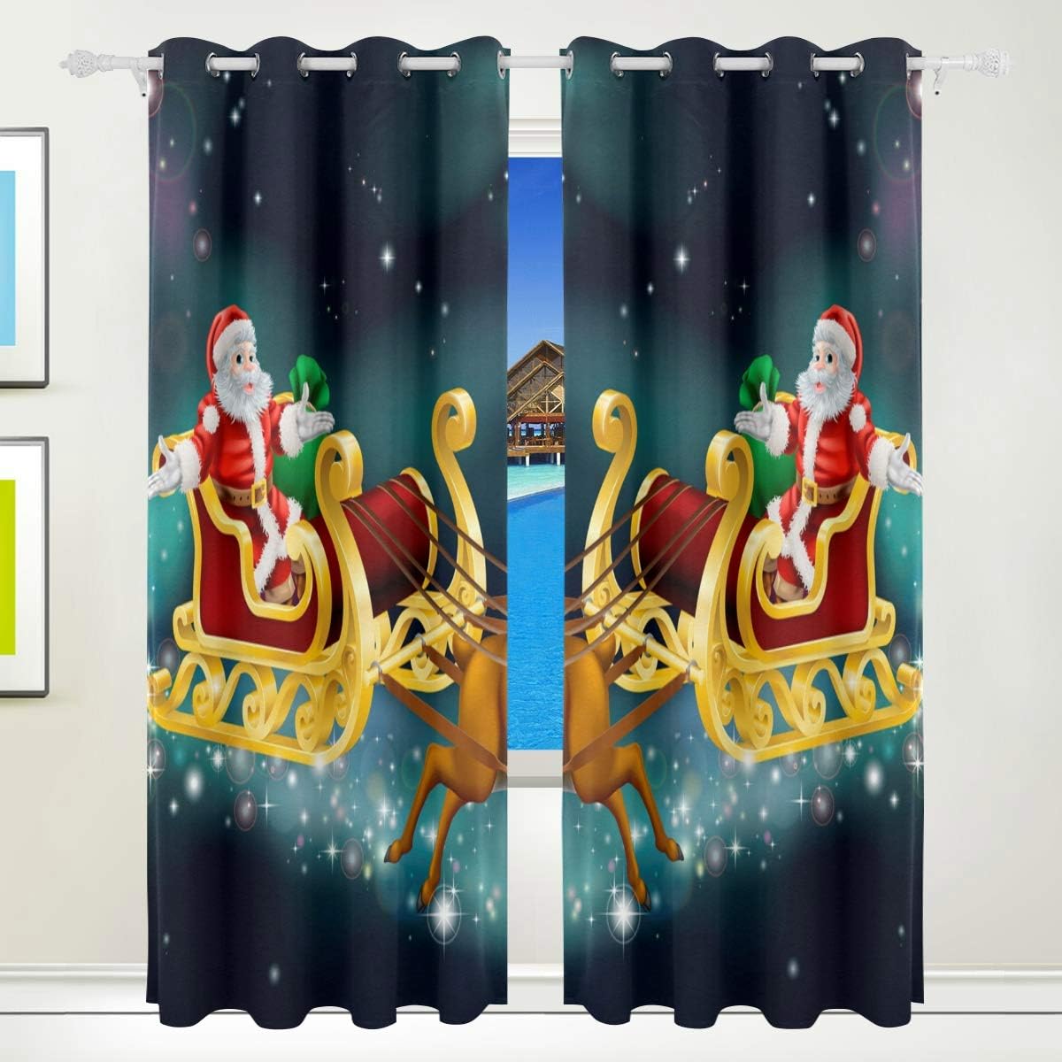 XiangHeFu Morden Blackout Curtains with Grommet Top Santa Christmas Reindeer Draperies Set of 2 Panels,Each 55W x 84L Inch for Home Living Room Bedroom Office