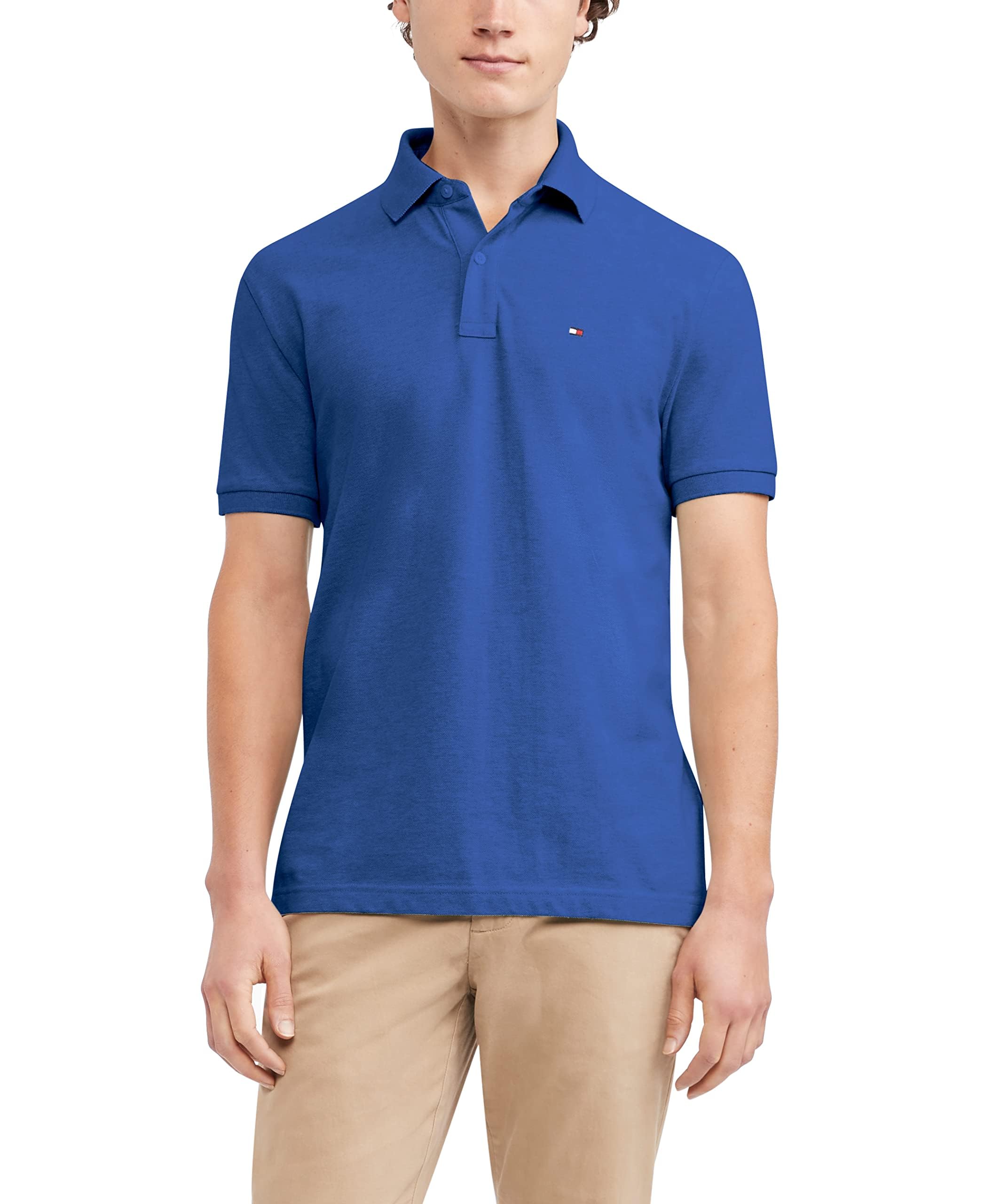 Tommy Hilfiger Mens Short Sleeve Cotton Pique in Regular Fit Polo Shirt, Dory Blue Heather, Small US