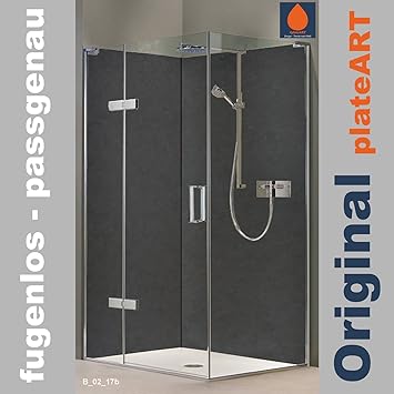 ORIGINAL plateART Eck-Duschrückwand, Wandverkleidung, Wandbild, Rückwand Alu-Dibond OHNE FUGEN, Fliesenersatz, Beton-Optik Be