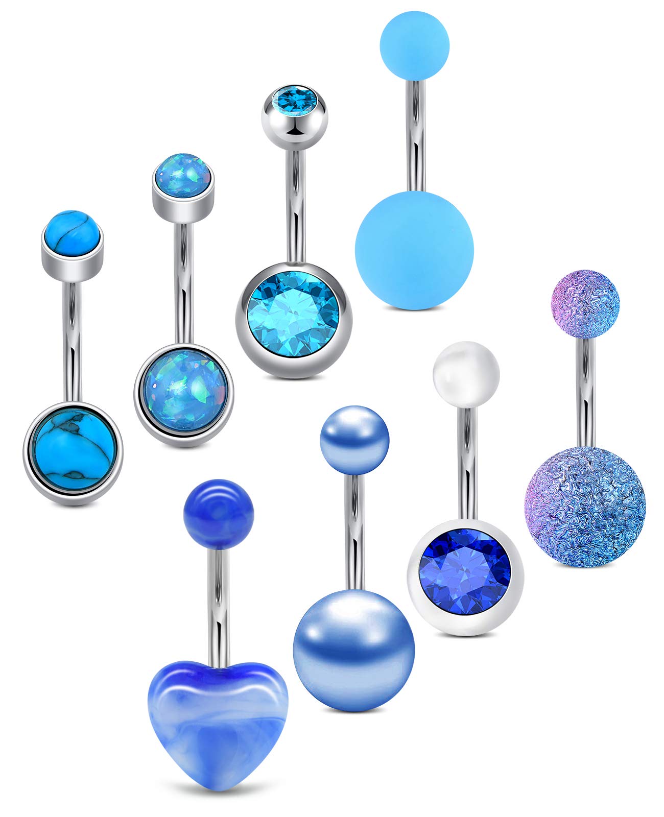 AceFun Blue Belly Bars 14G Belly Button Bars Surgical Steel Belly Button Rings Piercings 8Pcs 10mm