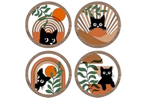 XFN 4PCs 3D Boho Cat Hanging Wooden Wall Art Wall Decor, Botanical Wall Decor Bohemian Decor, Cat Lover Gifts, Wooden Sign Wood Art Wood Plaque Home Decor for Living Room Bedroom Farmhouse Office