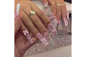 RUOKEXIN Long Square Press on Nails French Tip Fake Nails Pink False Nails with Bow Rhinestones Designs Long Square Nail Press ons Sparkly Glue on Nails Cute Stick on Nails for Women 24Pcs