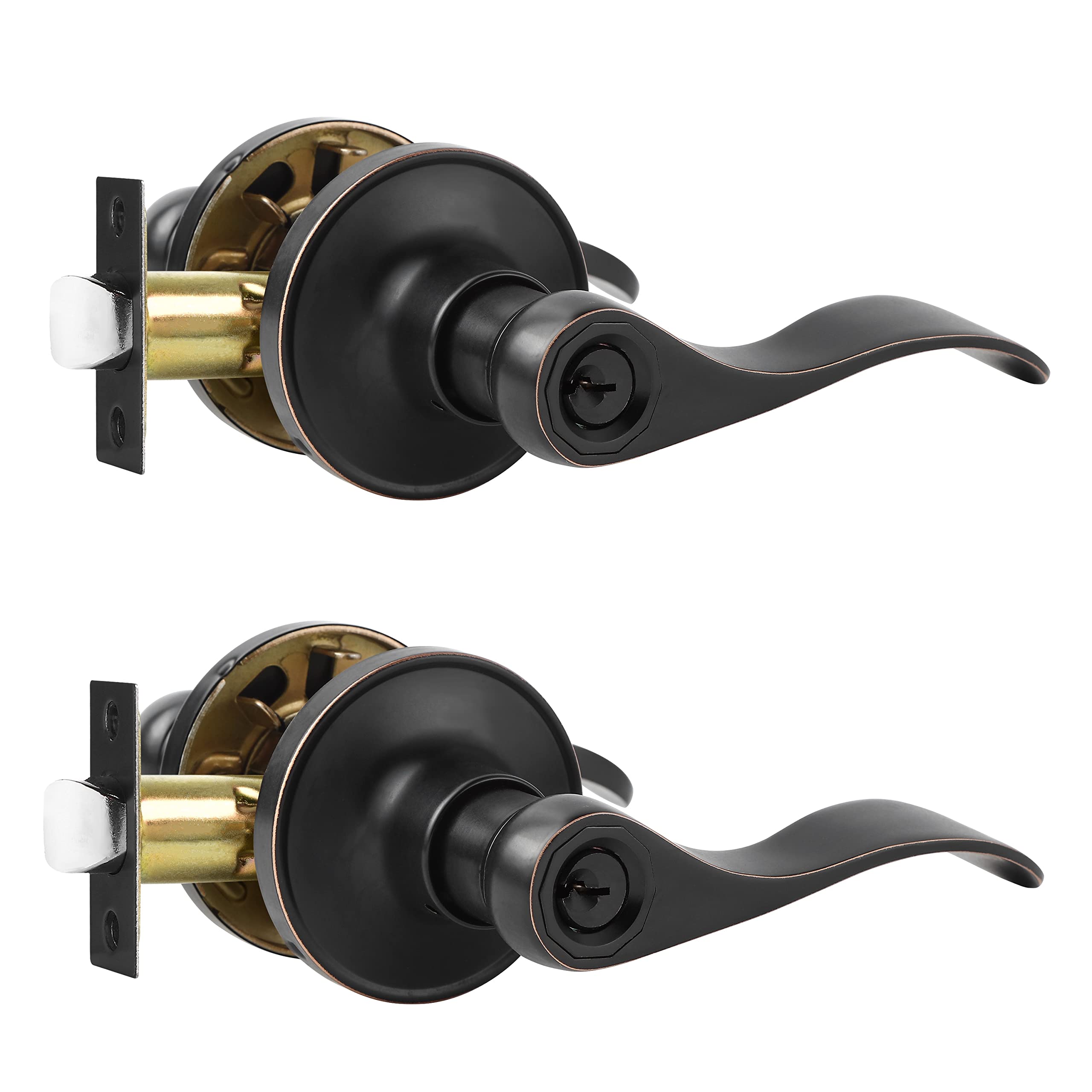 Leydebong 2 Pack Door Knob with Lock, Keyed Alike Door Handles, Entry Door Lock, Wave Style Door Levers, Universal Handing, Drop Lever Shape,Finish in Oil Rubbed Bronze