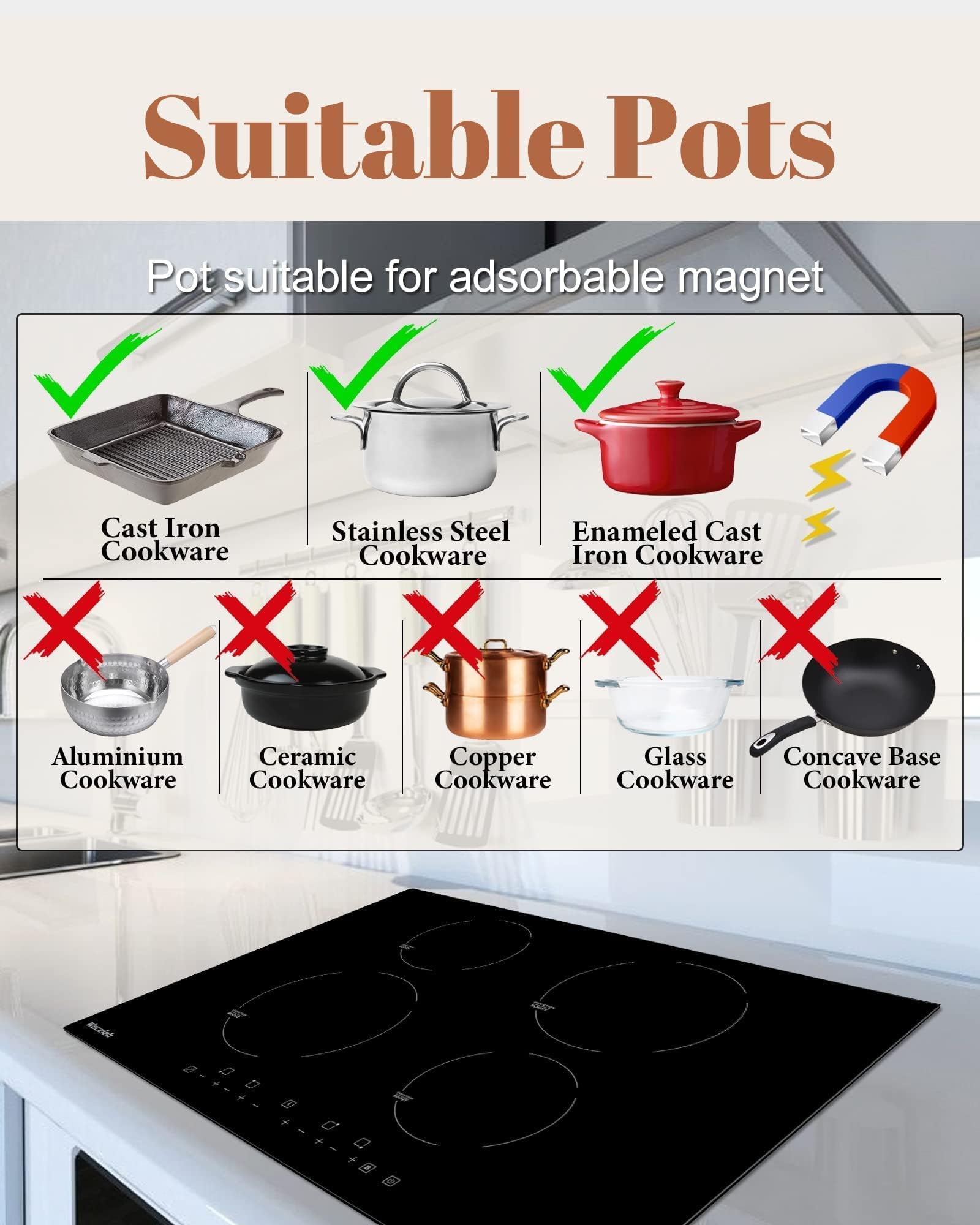 Induction Cooktop 30 Inch with 4 Boost Built-in Electric Stovetop with Timer Child Safety Lock 9 Power Levels Shutdown 7000W for RV, Apartment, Kitchen