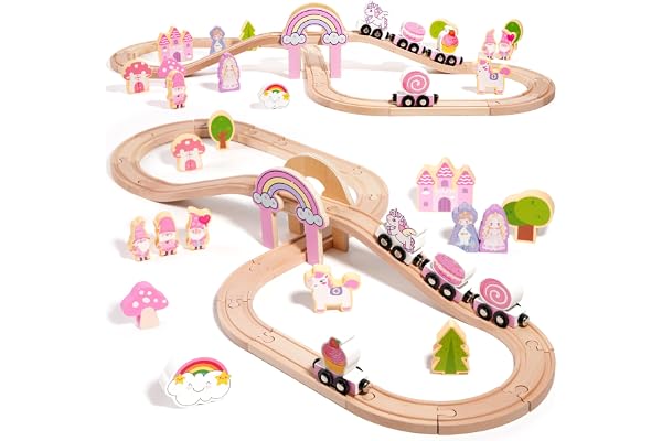 Wooden Unicorn Train Set for Toddlers 2-4, Pink Princess Castle Railway Toy | Magnetic Trains & Tracks, Compatible with Most 