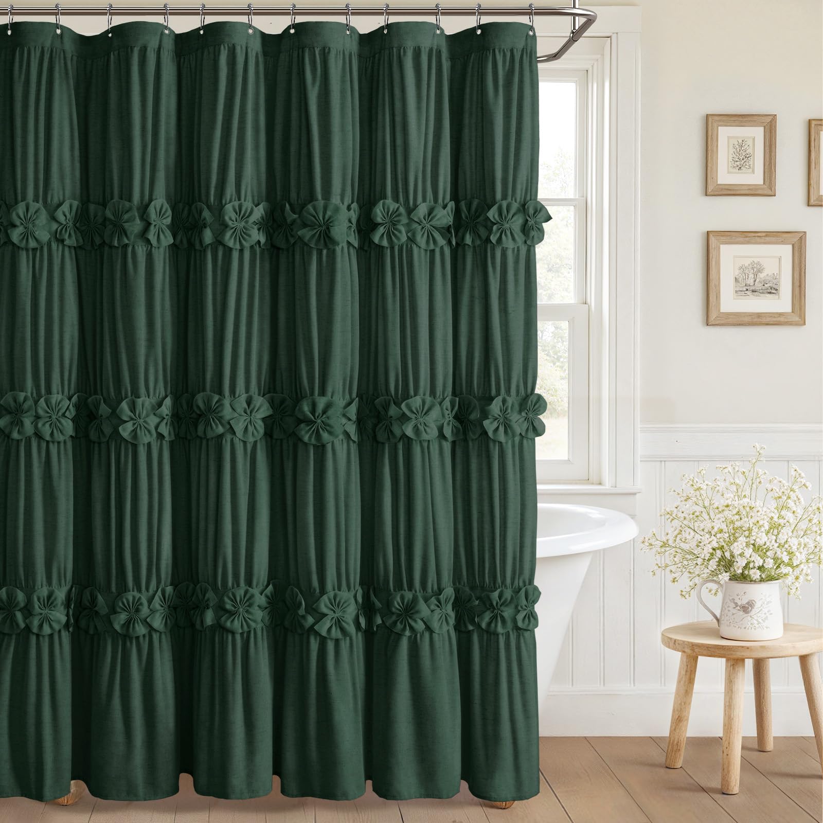 Photo 1 of XOGUIBO Ruffle Shower Curtain with Handmade Bow Tie, Dark Green Linen Vintage Farmhouse Shower Curtain for Bathroom, 72" W x 72" H