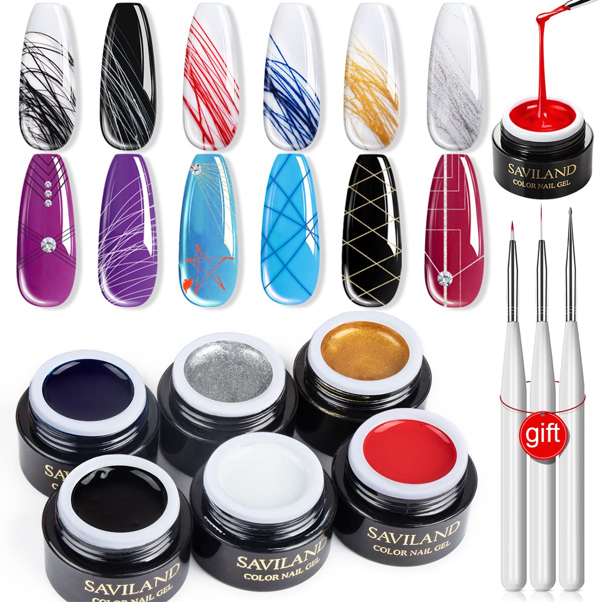 Saviland 6 Colors Spider Gel Set, New Upgraded Matrices Spider Gel with Nail Art Brushes Liner Gel Polish Easier to Stretch Nail Art Paint for Line Drawing(White Black Red Blue Gold Silver)