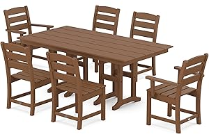 POLYWOOD Lakeside Farmhouse 7-Piece Outdoor Dining Set, Patio Furniture Table and Chairs, HDPE, Seats 6, Teak, Made in USA