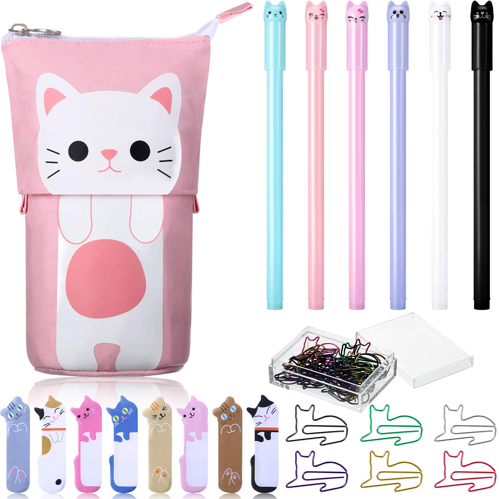 Cute Cat Stationery Set, 1 Canvas Telescopic Pen Holder Telescopic Pencil Case, 6 Colorful Cat Black Gel Ink Pens, 30 Cat Shaped Paper Clips Bookmark and 240 Cat Sticky Notes Page Flags Index Tabs