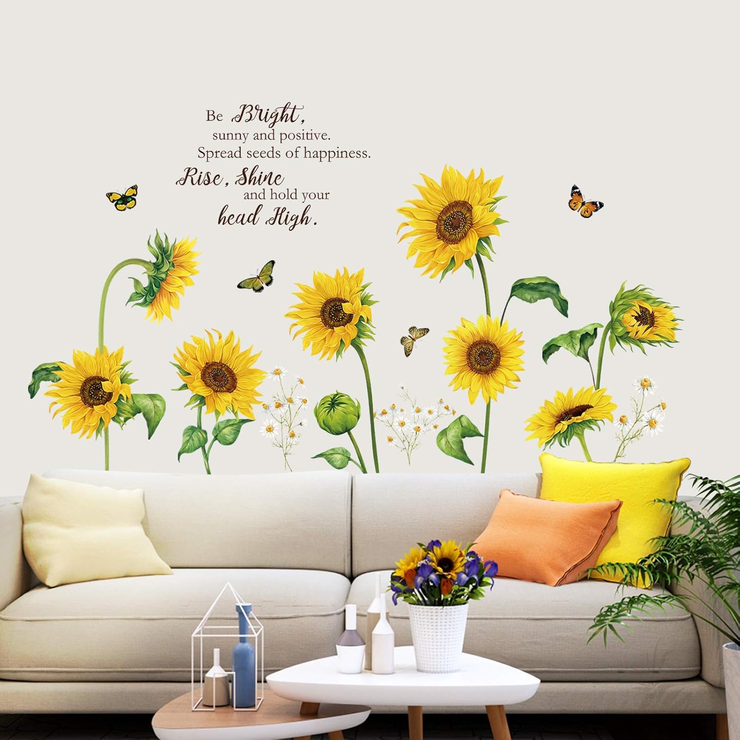 decalmile Sunflower Butterfly Wall Decals Garden Flower Wall Stickers Bedroom Living Room TV Wall Art Decor - Image 3